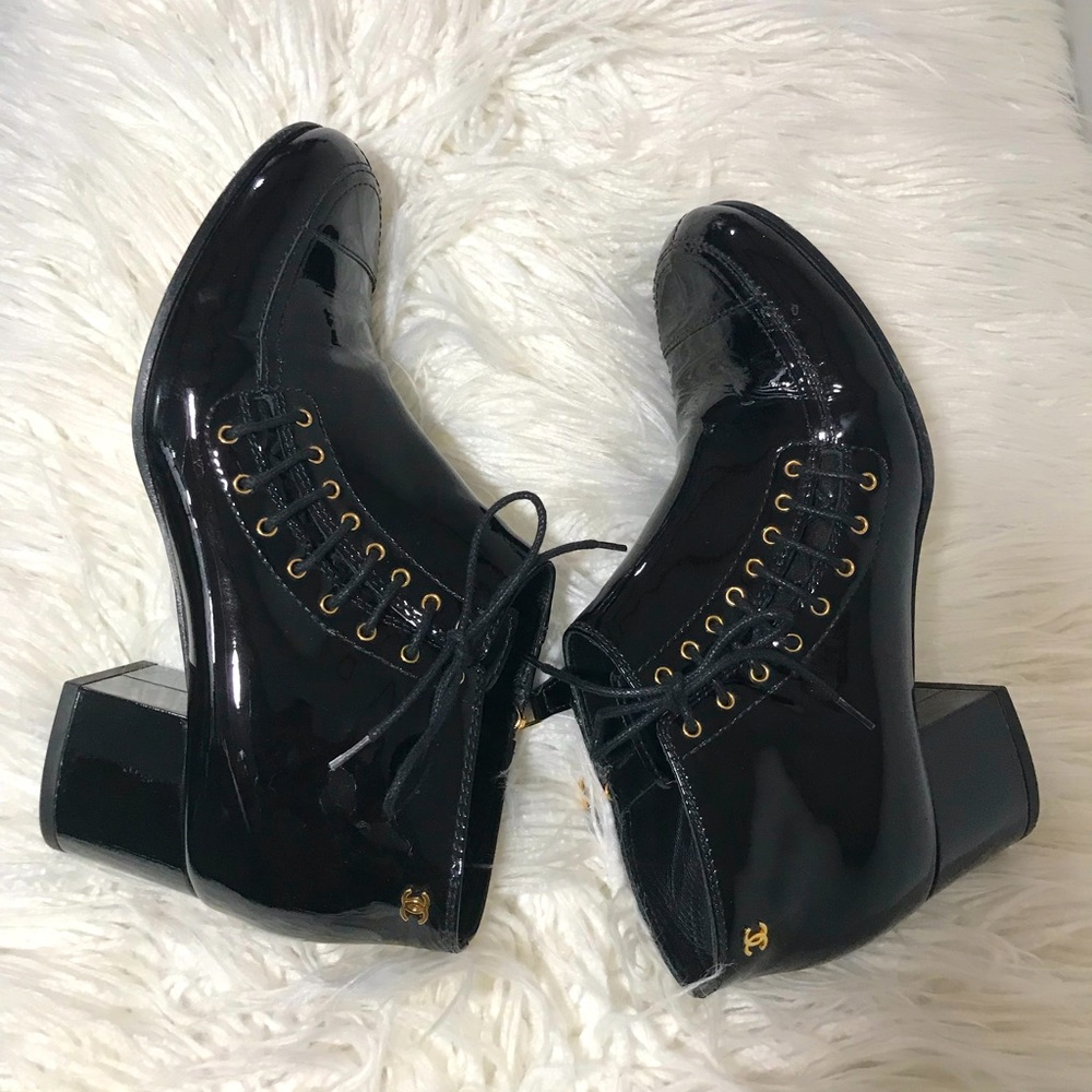 Authentic Chanel Interlocking CC Logo Lace-Up Bootie